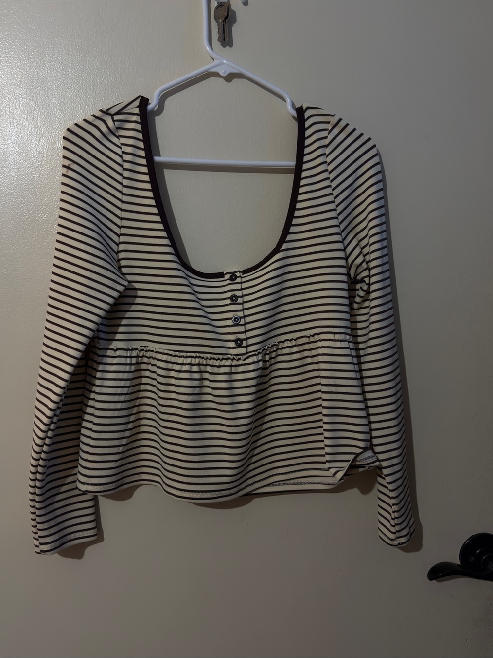 PacSun Striped Scoop-Neck Peplum Long Sleeve Top - Cream & Black